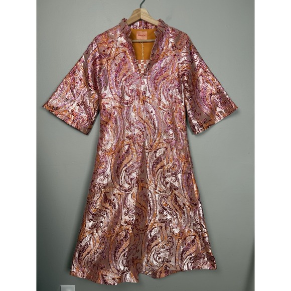 Solelia Cleo Golden Flame Metallic Paisley Brocade Dress XS Boho Luxe NWT - Picture 2 of 16
